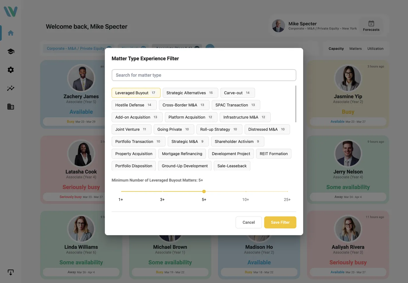 Experience search in Wemble: filter by work type, industry, and availability